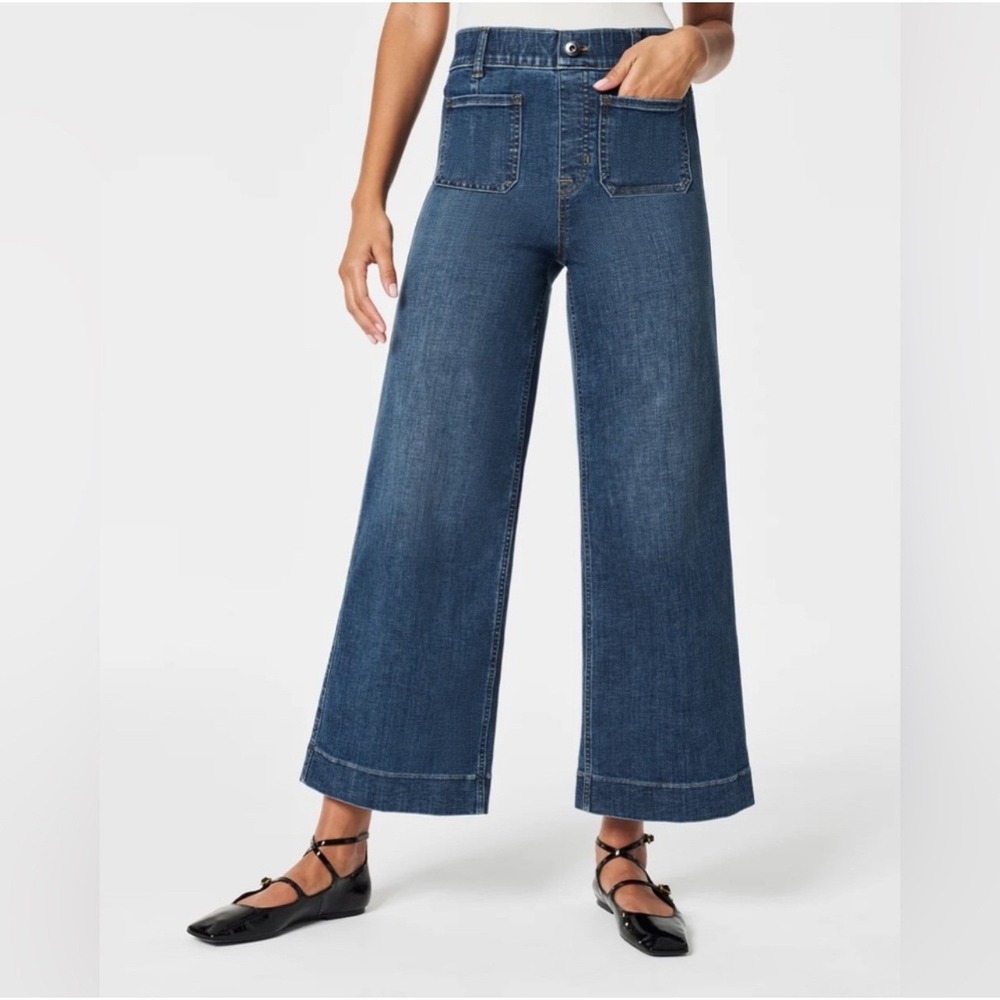 Spanx‎ Cropped Wide Leg Jeans with Patch Pockets in Shaded Blue Size Medium - Picture 3 of 12